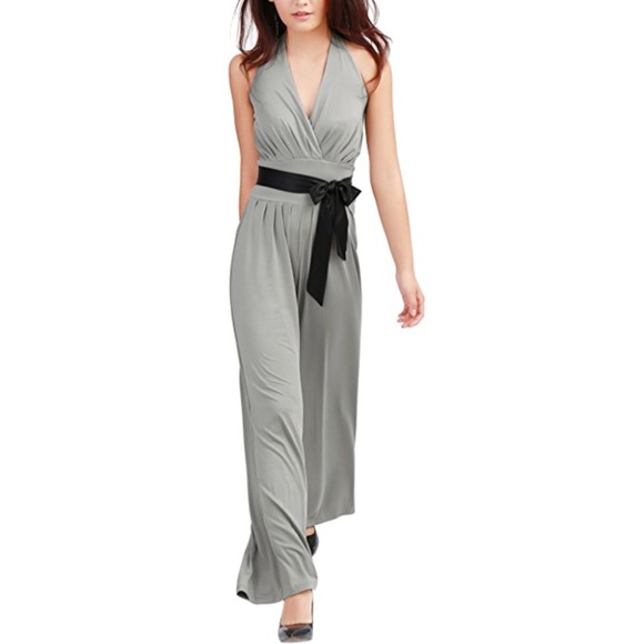 Boutique Pants - Ash Gray V Neck Wide Leg Belted Jumpsuit